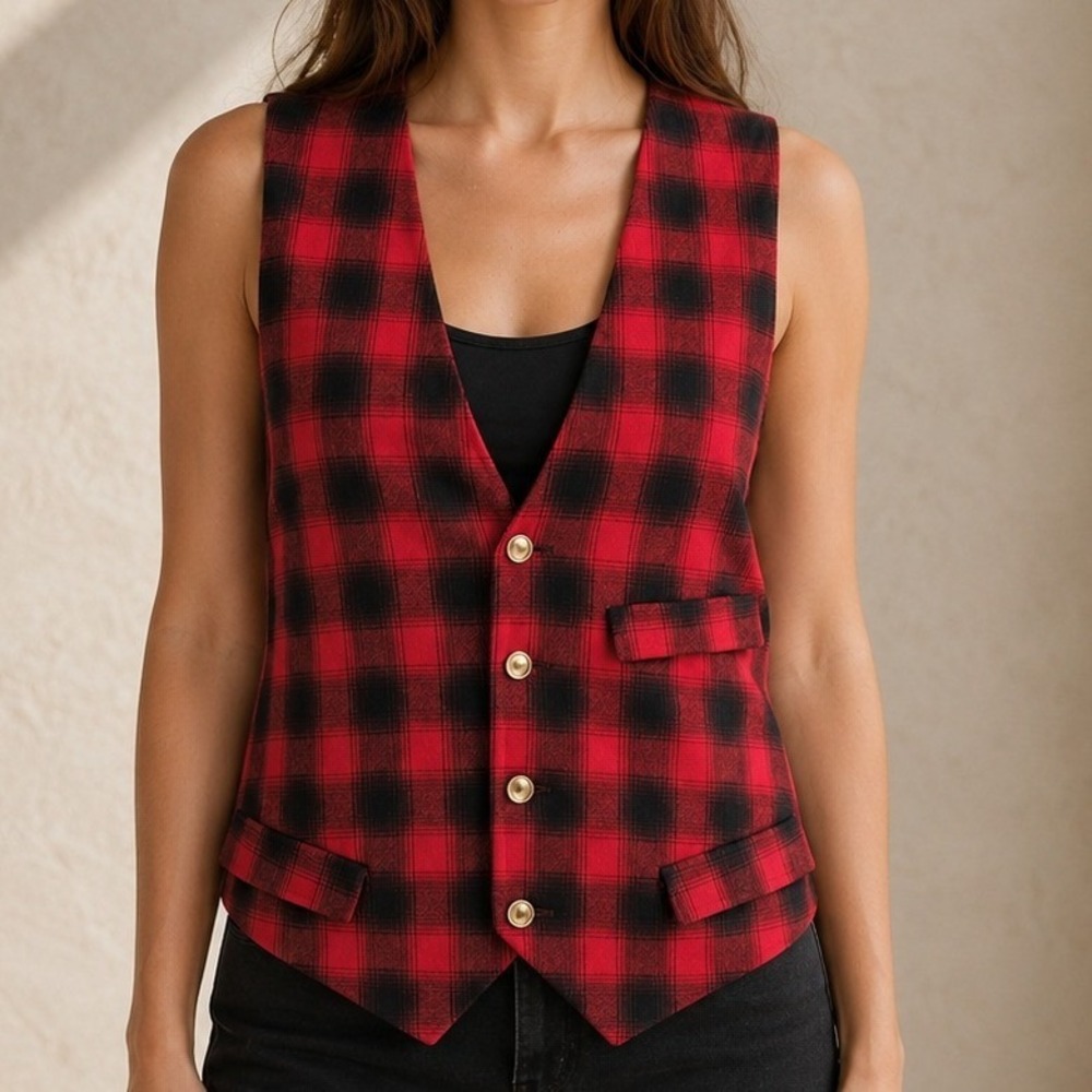 Handmade Red Black Plaid Flannel Vest Gold Buttons Waist Belt Lined Size READ